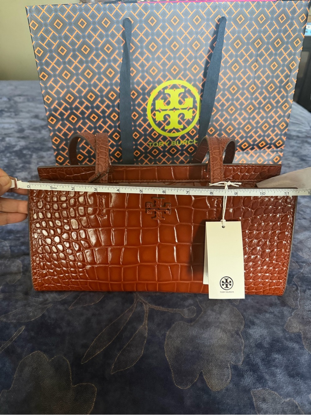 Tory Burch Cognac Croc Embossed Handbag - Picture 12 of 14